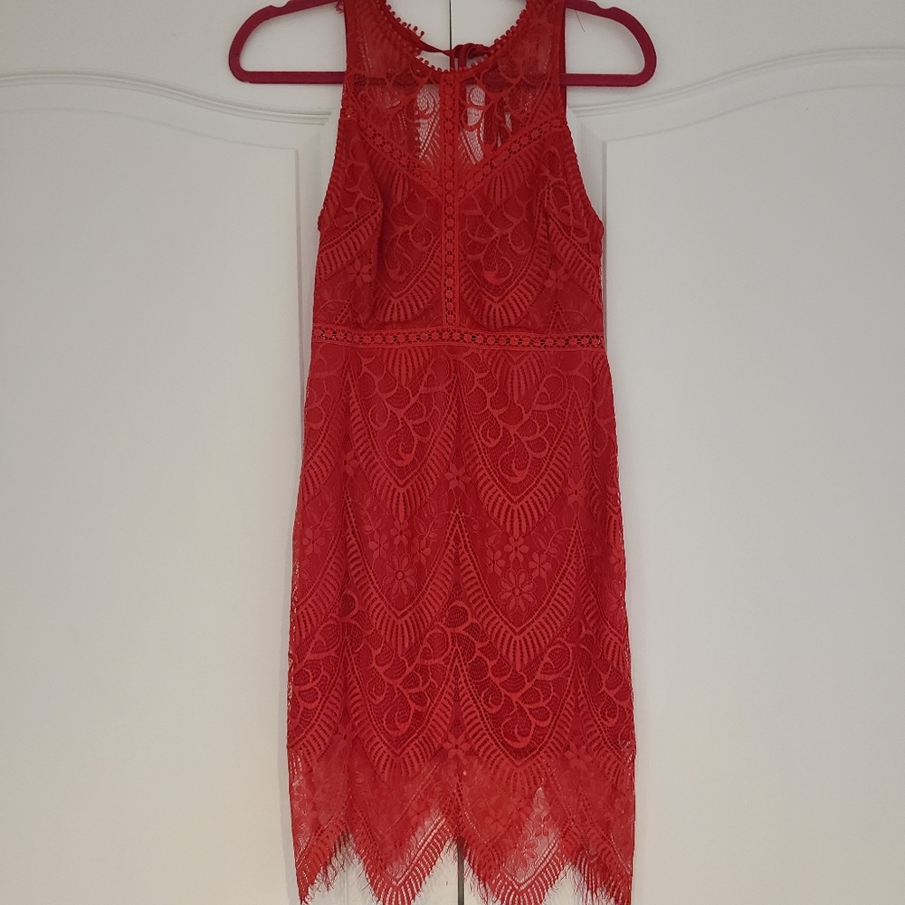 Lush Mini Dress Size M Red Crochet Lace Keyhole Open Back Staggered Raw Hem